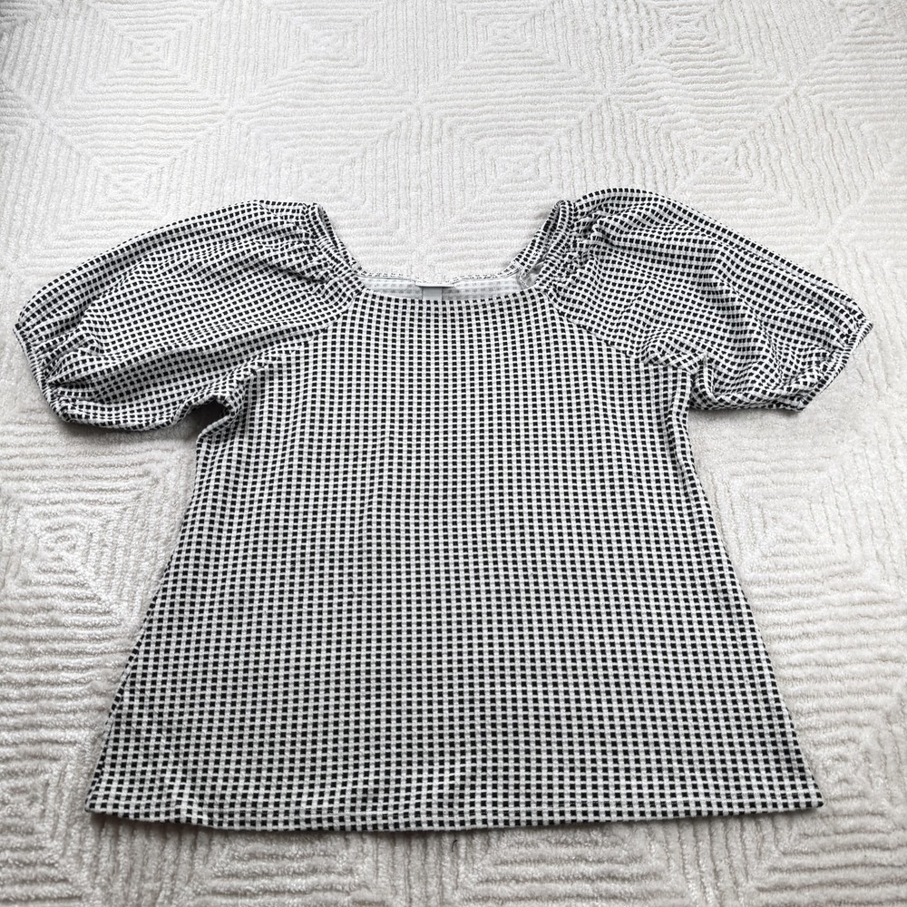 Ava & Viv Shirt Womens X Black White Gingham Puff Sleeve Stretch Casual Top XL
